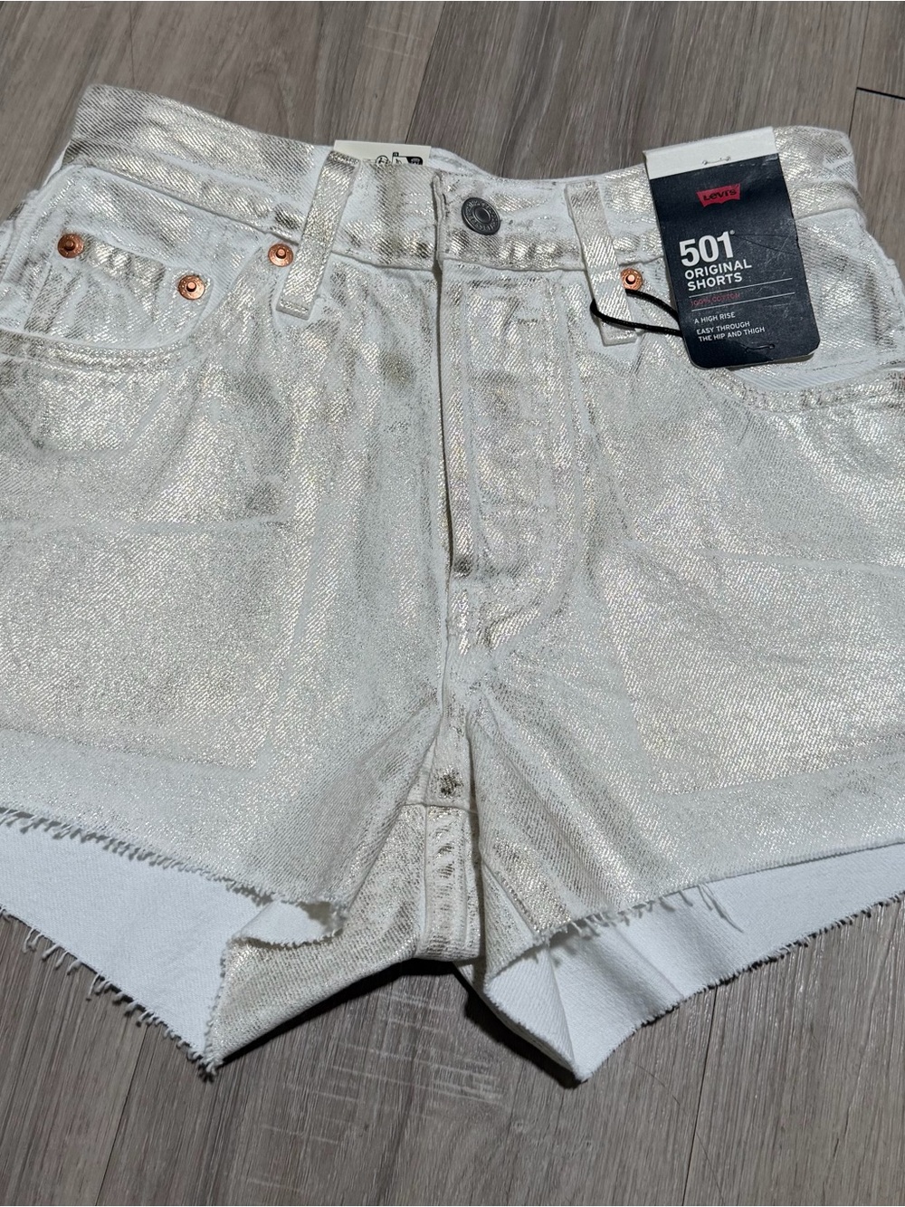Levi’s 501 Original Shorts Size 23 White Metallic Foil NWT